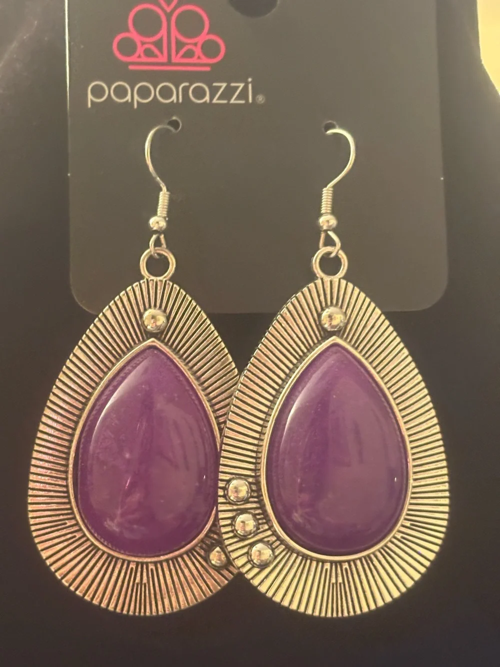 Paparazzi Purple Teardrop Statement Earrings with Silver Frame